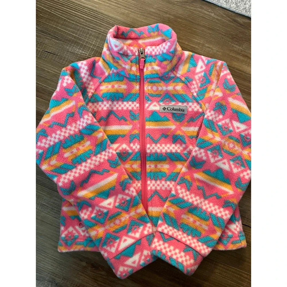 Columbia Girls Pink Aztec Geometric Fleece Jacket Full Zip XXS 4-5 Benton Spring